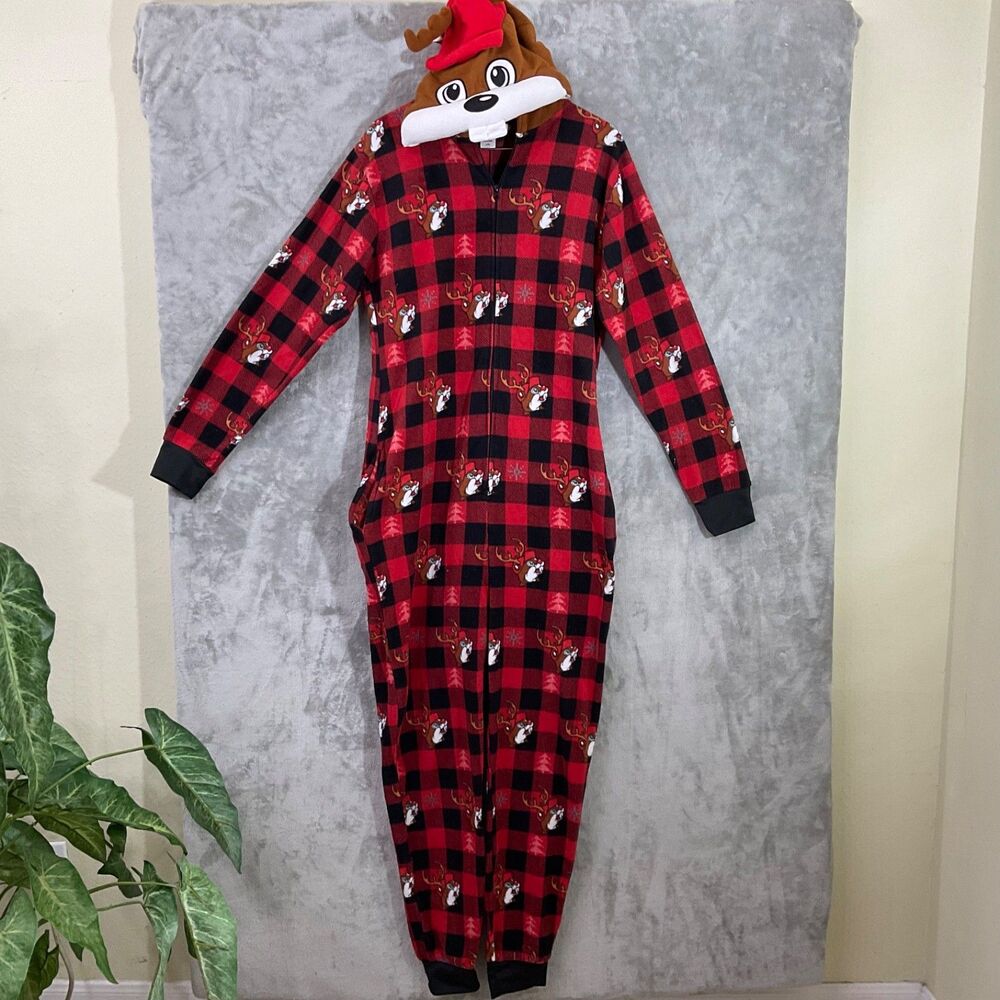 Buc-ees Beaver Holiday Suit Adult L XL Hooded Plaid Fleece 1 Pc. jumper Costume